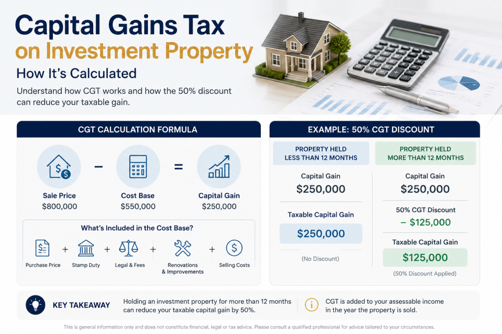 Capital gains tax Australia investment property guide showing CGT calculations, investment property, calculator and tax planning concepts