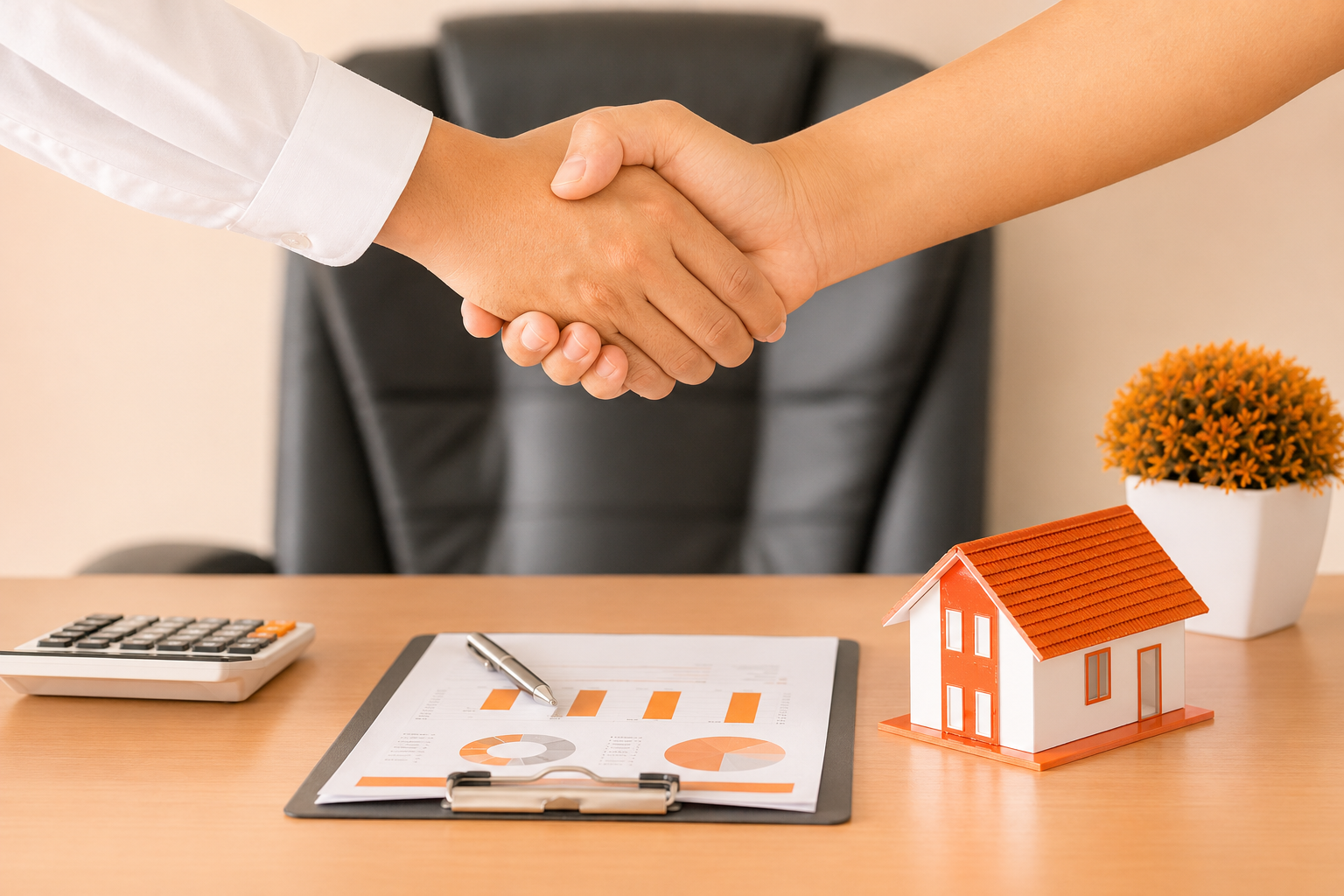 Business loan guarantor signing loan documents with property offered as security