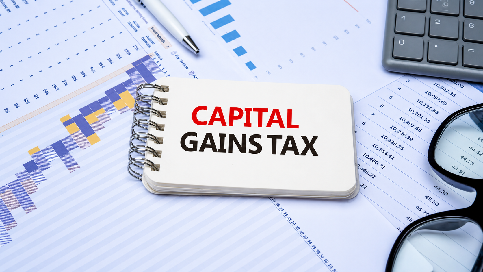 Capital gains tax calculator Australia workspace with property sale figures and calculator